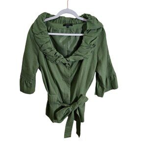 Dunner Vintage Linen Blend Green Ruffled Tie Top Size 16